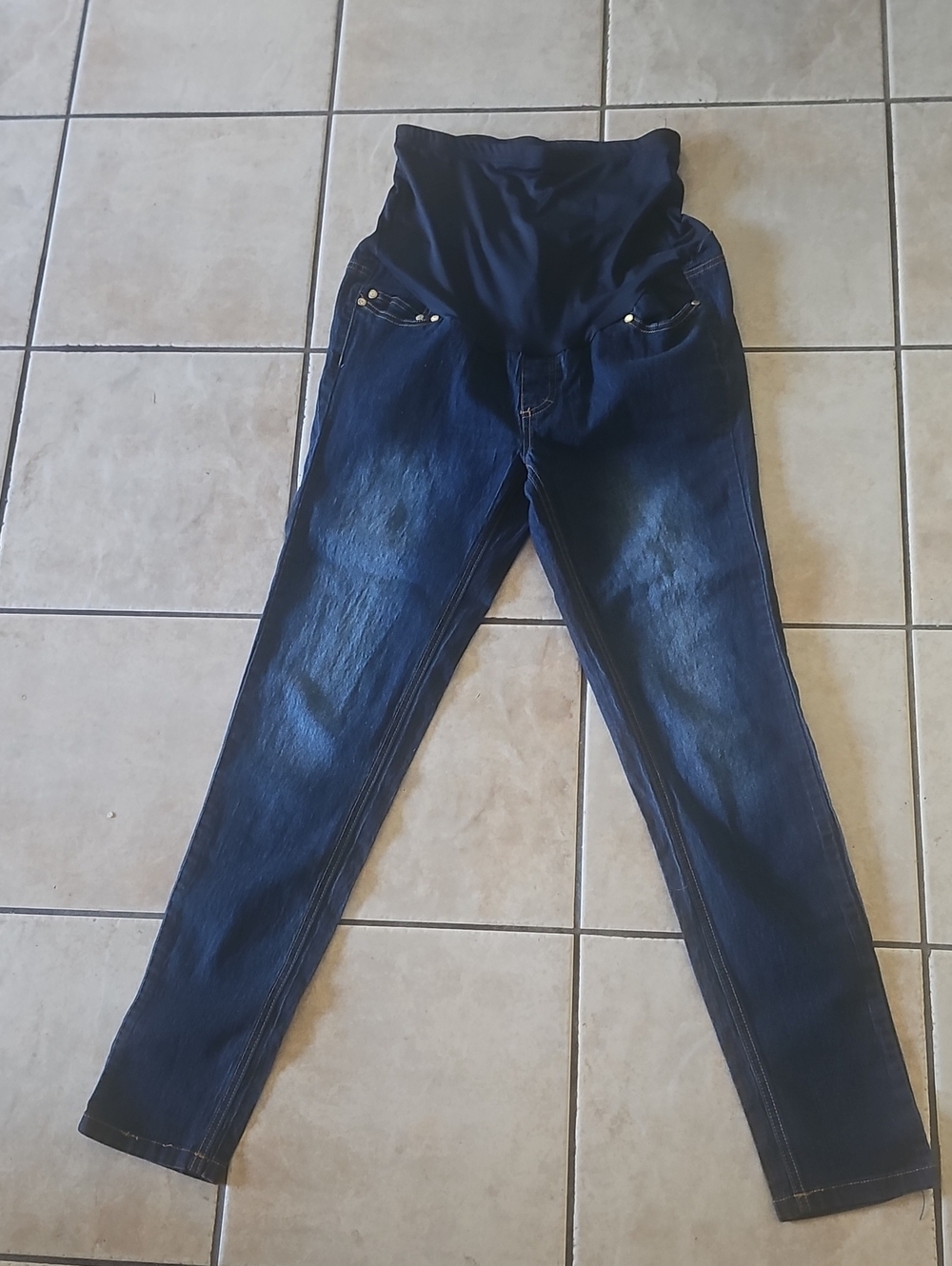 Dark Blue Maternity Jeggings with Black Stretch Waistband